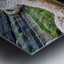 Massive tree roots engulfing ancient moss covered temple ruins. Metal print