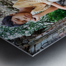 Young person sits on ancient temple ruins. Metal print