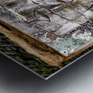 Ancient stone face carving framed in temple window. Metal print