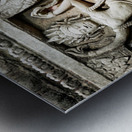 Ancient stone carvings of dancing Apsaras on a temple wall. Metal print