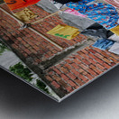 Boy with food tray clothes drying in background. Metal print