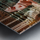 Ancient temple with guardian statues and ornate carvings. Metal print