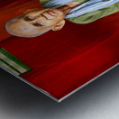 Elderly person sitting on floor in rustic dwelling. Metal print