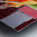 Monk in orange robes takes photo by a lotus pond. Metal print