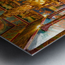 Golden Buddha statues and offerings in an ornate temple. Metal print