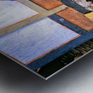 Smiling elderly woman in traditional dress leaning on wooden tab Metal print