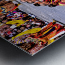 Monks in red robes gathered around a golden statue. Metal print