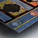 Young monks peeking from decorative colorful windows. Metal print