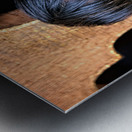 Smiling child peeking from a wooden window. Metal print