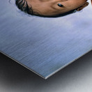 Curious child carried in a patterned fabric sling. Metal print