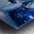 Penguins play on ice near water with a skeleton exhibit in Dubai Metal print