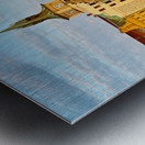 Sunset over Pragues Vltava River historic buildings and boat. Metal print