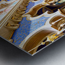 Grand ornate synagogue interior featuring golden ark and pews. Metal print