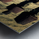 Easter Island Moai statues with red hats on a hillside. Metal print