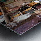 Moroccan babouches shoes in a Fez shop with a vendor Metal print