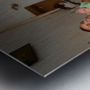 Butcher at work in Meknes souk showing fresh meat and livestock Metal print