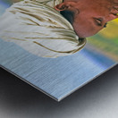 Woman carries son on her back in Myanmar fields Metal print