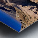 Hikers traverse a vast arid rocky desert landscape. Metal print