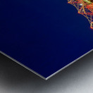 People walk across the Helix Bridge as the Marina Bay Sands Hotel shines at sunset. The sky turns orange and lights reflect in the water. Metal print