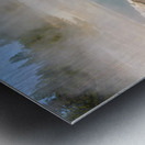 Steam rises from Abyss Pool as blue water reflects the surrounding landscape at Yellowstone National Park. Visitors explore the area nearby. Metal print