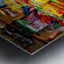 Cat sitting on boxes in Hanoi market during daytime Metal print