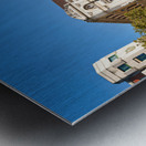 Building stands in Bilbao Spain next to water and trees Metal print