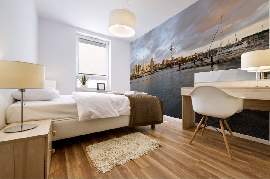 Auckland. New Zealand. The city skyline. View from Viaduct Harbour at sunset Mural print