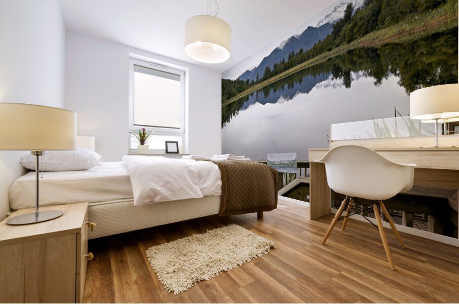 New Zealand. Lake Matheson. In the background Mount Tasman and Aoraki Mount Cook Mural print