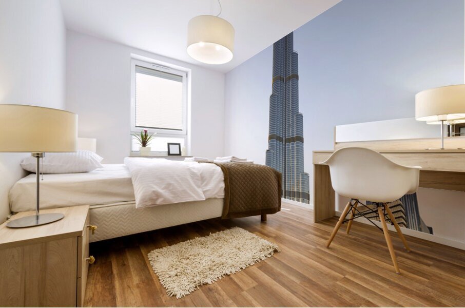 Dubai. UAE. Burj Khalifa. A veiled woman on a bench Mural print