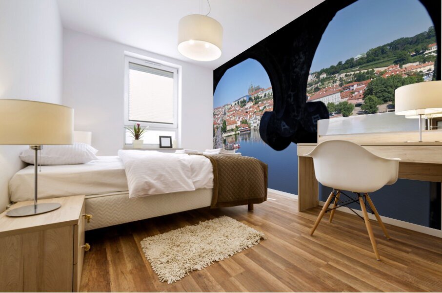 Czech Republic. Prague. Framed view of Charles Bridge Vltava river and the castle hrad Mural print