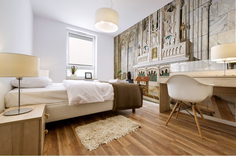 New York. Manhattan. United States. St. Patricks cathedral. A faithful prays in a chapel Mural print