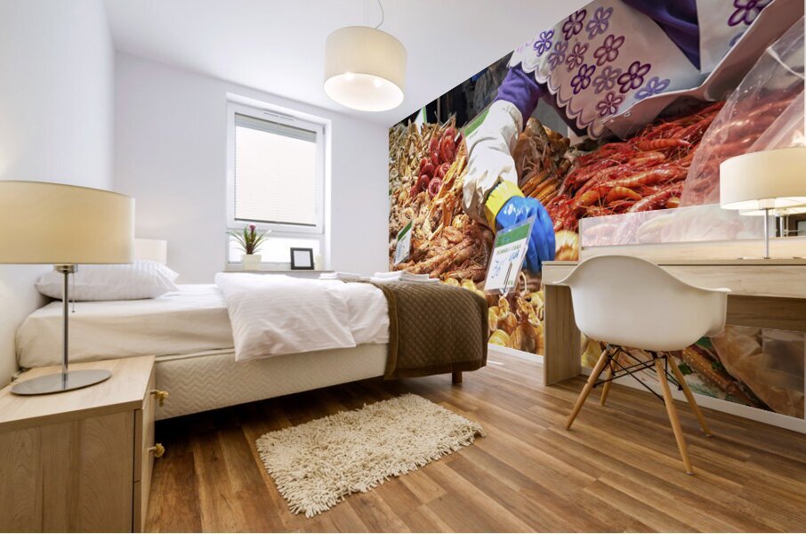 Barcelona. Catalonia. Spain. The Mercat de Sant Josep de la Boqueria. Tiger Prawns at fishmonger stall Mural print