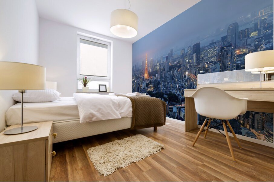 Japan. Tokyo. Aerial view of Tokyo Tower at dusk Mural print