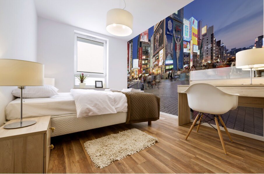 Japan. Kansai. Osaka. Illuminated signboards in Dotonbori District at sunset Mural print