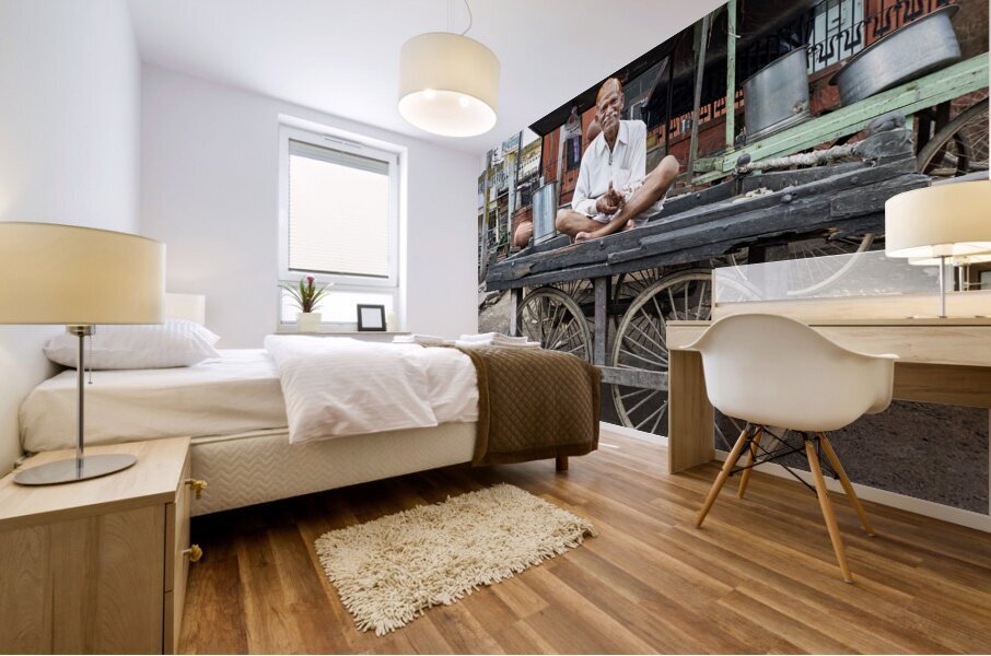 India Rajasthan Bundi. Portrait of an old man seated on a carty Mural print