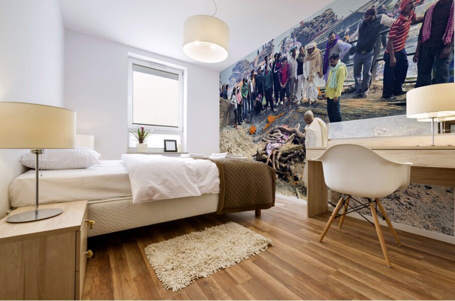 India. Varanasi Benares Uttar Pradesh. The sacred rite of hindu cremations by the river Ganges Mural print