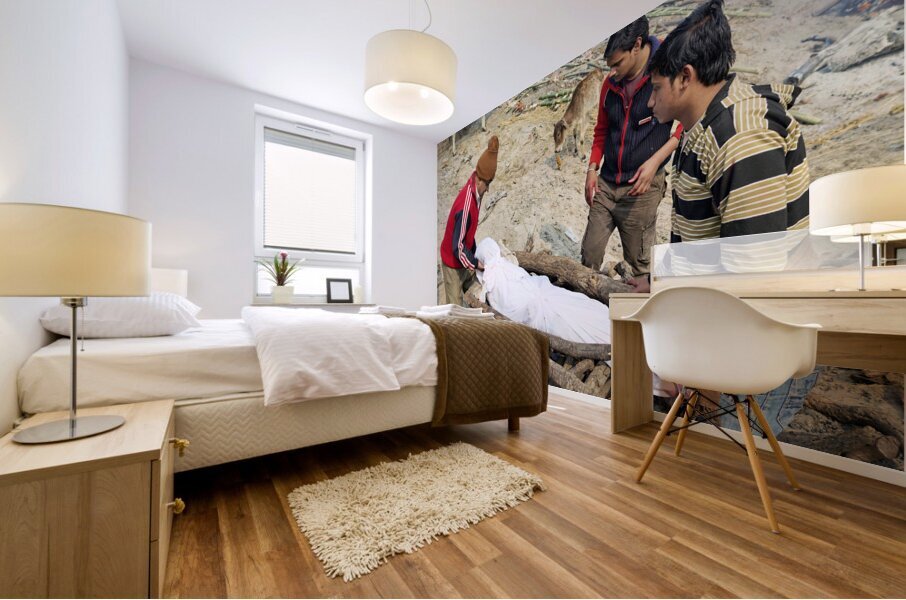 India. Varanasi Benares Uttar Pradesh. The sacred rite of hindu cremations by the river Ganges Mural print