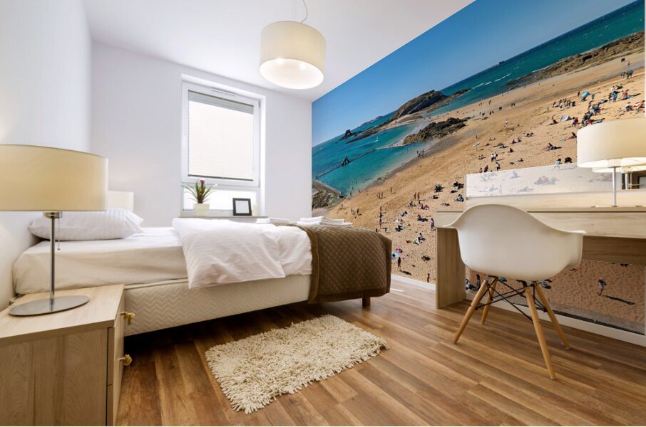 Saint Malo Brittany France. Sunbathers at plage du Mole Mole beach Mural print