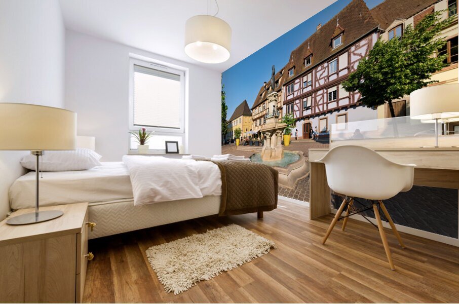 Colmar Alsace France. Alsace Wine Route. The timber framed houses in Petite Venise. Fontain Roesselmann Mural print