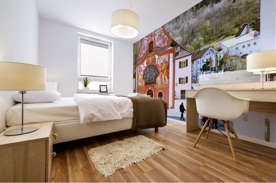 Germany Bavaria Romantic Road. Fussen. Heilig-Geist-Spitalkirche Holy Spirit Hospital Church and its rococo painted facade Mural print