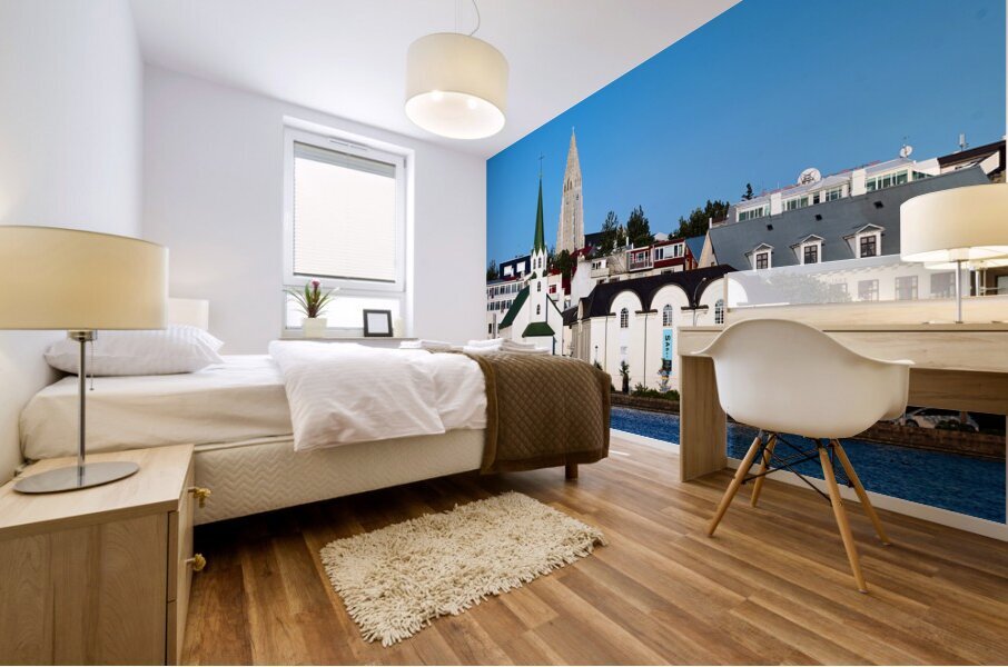 Reykjavik cityscape on lake Tjornin. Iceland Mural print