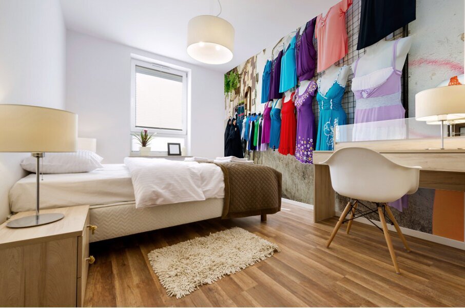 Syria. Damascus. Veiled women looking at western dresses Mural print