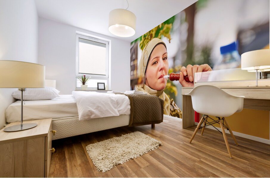 Syria. Aleppo. Girl smoking hookah Mural print