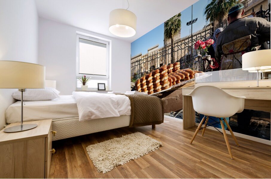 Syria. Aleppo. Bread for sale on a pram Mural print