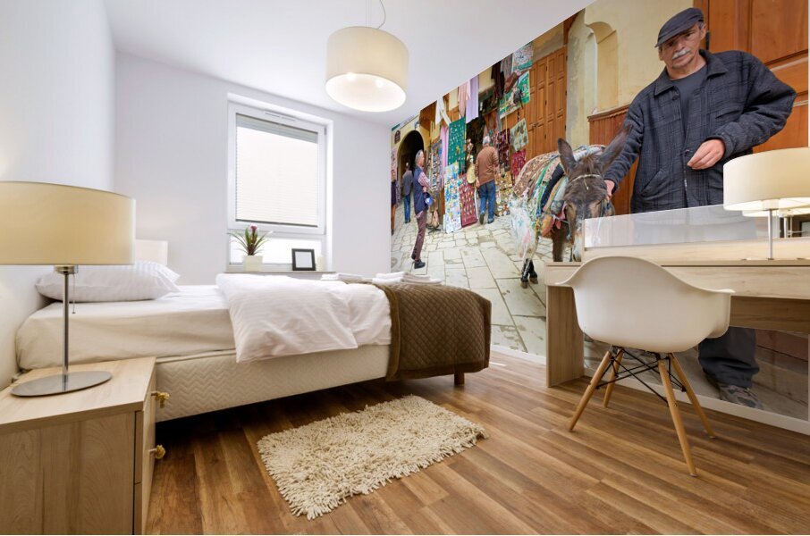 Morocco Fez. A man with his donkey in the medina Mural print