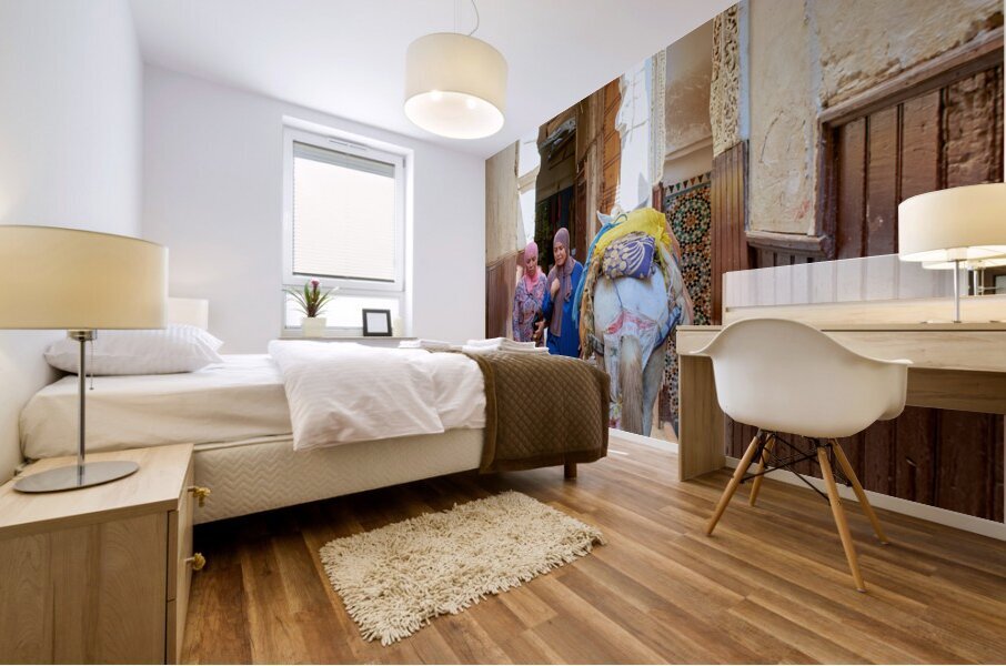 Morocco Fez. Two women walking in the narrow alleys of the Medina Mural print