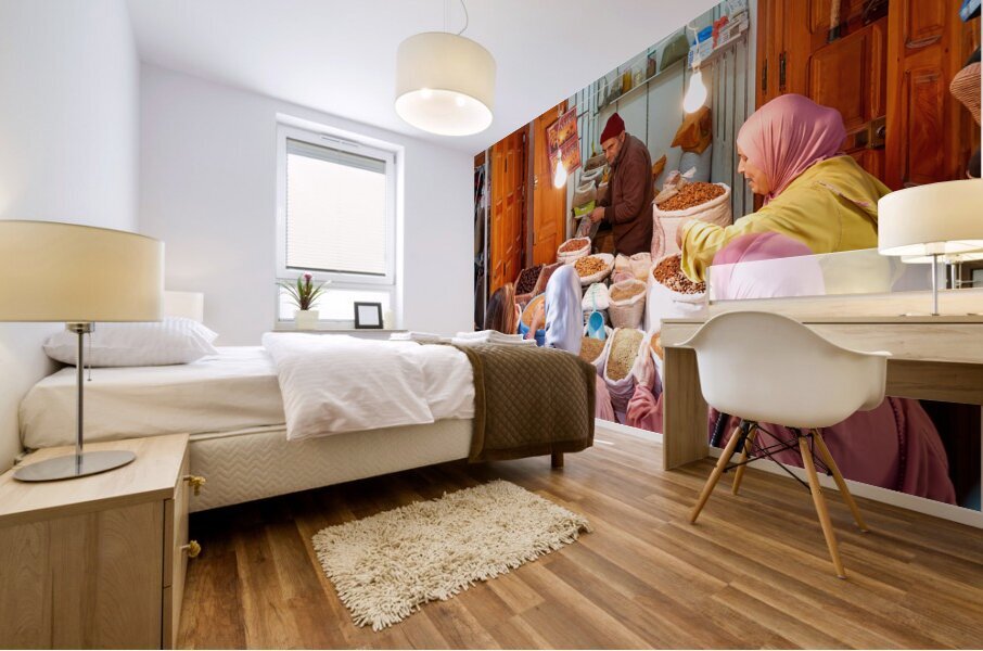 Morocco Fez. Sale of dried fruit in the Medina Mural print