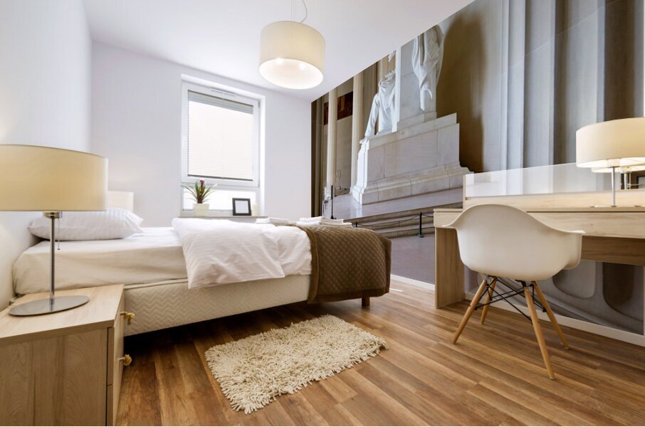 The marble statue of Abraham Lincoln inside the Lincoln Memorial. Washington D.C. Mural print