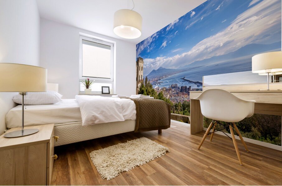 Naples Campania Italy. View of the gulf of Naples and Mount Vesuvius from the Certosa di San Martino Charterhouse of St. Martin a former monastery complex now a museum in Naples southern Italy. It is the most visible landmark of the city perched atop the  Mural print