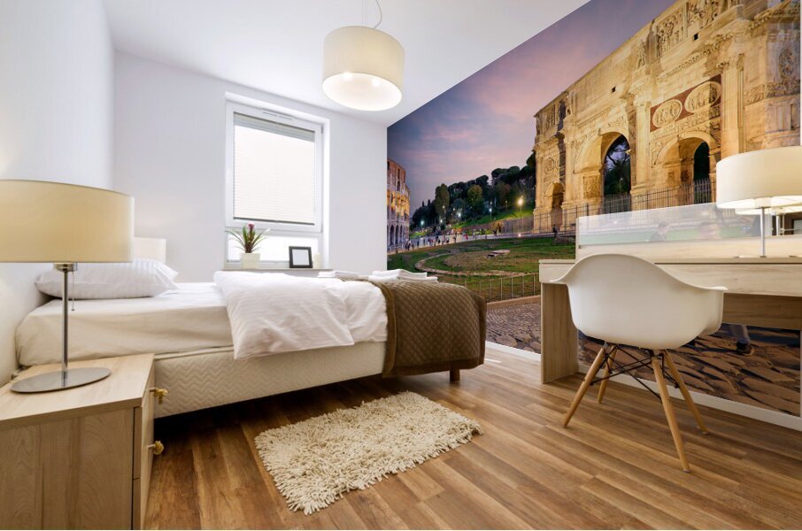 Rome Lazio Italy. The Colosseum Colosseo an oval amphitheatre in the centre of the city of Rome and the Arch of Constantine Mural print